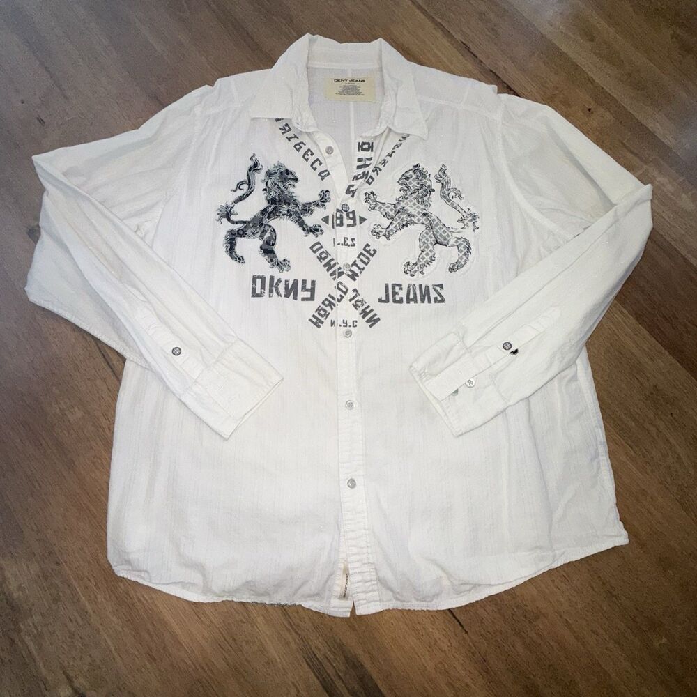 Vtg‎ DKNY Jeans 90s Y2K Graphic Button Up Shirt XL White Lion Crest Lions Mens